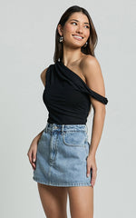 Calista Top - Off Shoulder Twist Asymmetrical Sleeve Top in Black