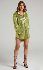 Cally Mini Dress - Oversized Shirt Dress in Green Sequin