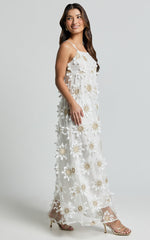 Candice Maxi Dress - Straight Neck Floral Embroidery Detail Shift Dress in White