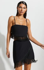 Lassey Mini Skirt - Fringe Trim Wrap Skirt in Black