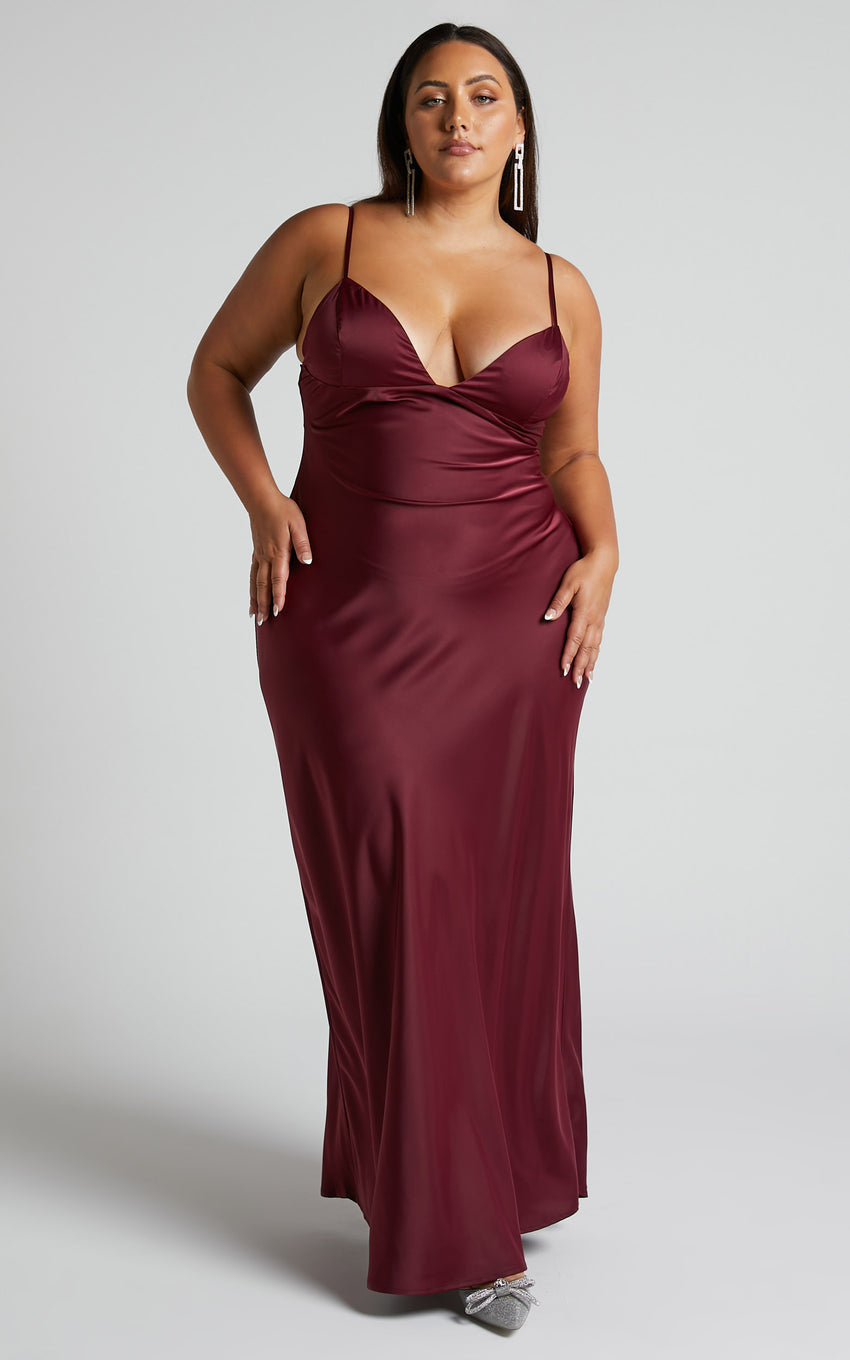 Cariela Maxi Dress - Plunge Neck Satin Dress in Wine