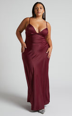 Cariela Maxi Dress - Plunge Neck Satin Dress in Wine