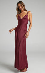 Cariela Maxi Dress - Plunge Neck Satin Dress in Wine