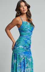 Carlyn Midi Dress - One Shoulder Ruched Dropped Waist Dress in Green