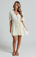 Cathe Mini Dress - V Neck Button Through Short Flutter Sleeve Tie Waist in Off White