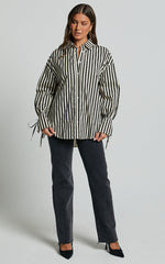 Cazie Shirt - Tie Cuff Long Sleeve Shirt in Black & Cream Stripe