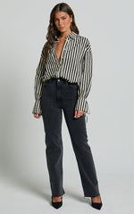 Cazie Shirt - Tie Cuff Long Sleeve Shirt in Black & Cream Stripe