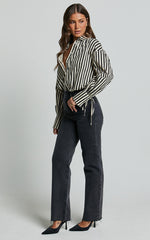 Cazie Shirt - Tie Cuff Long Sleeve Shirt in Black & Cream Stripe