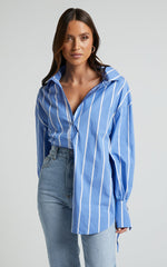 Cazie Shirt - Tie Cuff Long Sleeve Shirt in Light Blue Stripe