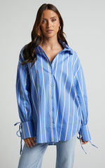 Cazie Shirt - Tie Cuff Long Sleeve Shirt in Light Blue Stripe