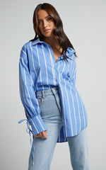 Cazie Shirt - Tie Cuff Long Sleeve Shirt in Light Blue Stripe