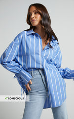 Cazie Shirt - Tie Cuff Long Sleeve Shirt in Light Blue Stripe