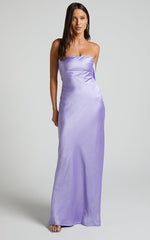 Charlita Maxi Dress - Strapless Cowl Back Satin Dress in Lilac