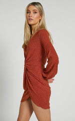 Charmine Mini Dress - Twist Front Long Sleeve Dress in Rust