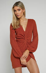 Charmine Mini Dress - Twist Front Long Sleeve Dress in Rust