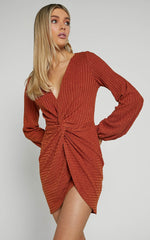 Charmine Mini Dress - Twist Front Long Sleeve Dress in Rust