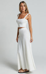 Cherylene Two Piece Set - Knitted Square Neck Crop Top and Midi Skirt Set in Off White