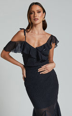 Chrislyn Top - Asymmetric Frill Top in Black Polka