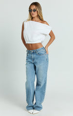 Collins Linen Blend Top - Draped Asymmetrical Neckline Top in White