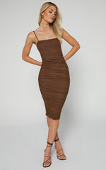 Coming For You Midi Dress - Mesh Dress in Espresso