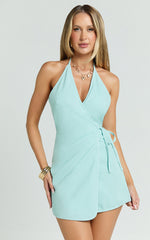 Connie Mini Dress - Linen Halter Neck Wrap Dress in Blue