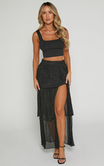 Daisy Maxi Skirt - High Waisted Thigh Split Skirt in Black