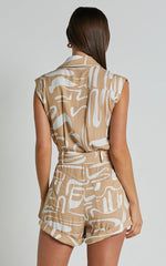 Deb Playsuit - Short Sleeve Collar Tailored Playsuit in Natural/White