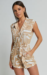 Deb Playsuit - Short Sleeve Collar Tailored Playsuit in Natural/White