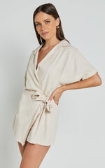 Denise Playsuit - Short Sleeve Wrap Skort Playsuit in Biscuit