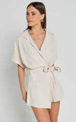 Denise Playsuit - Short Sleeve Wrap Skort Playsuit in Biscuit