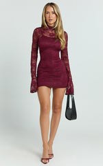Dexter Mini Dress - Lace Frill Sleeve High Neck Dress in Wine