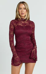Dexter Mini Dress - Lace Frill Sleeve High Neck Dress in Wine