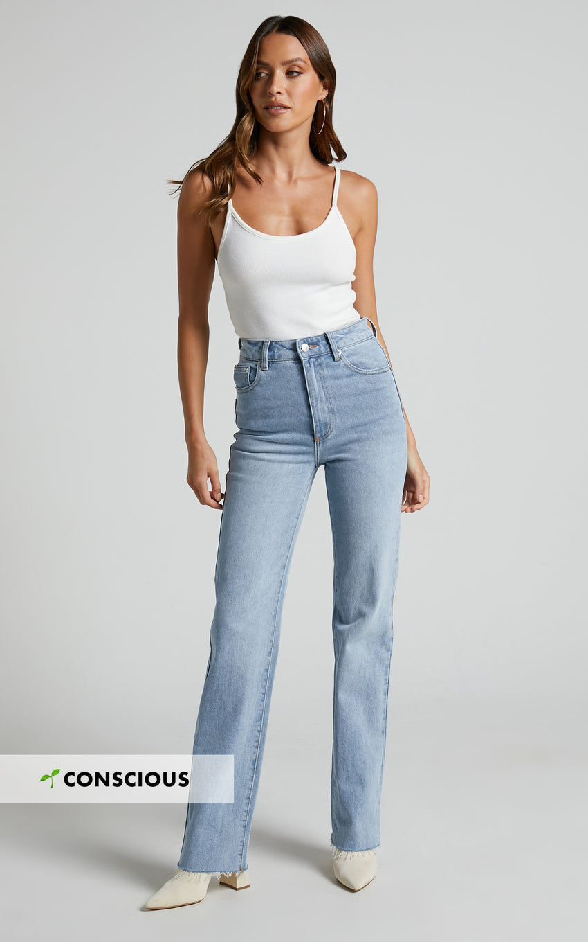 Dexter Jeans - High Waisted Straight Leg Denim Jeans in Mid Blue Wash