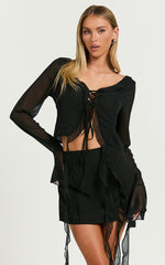 Diana Two Piece Set - Ruffle Long Sleeve Top And Mini Skirt in Black