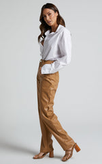 Dilyenne Pant - Mid Waist Straight Leg Faux Leather Pant in Beige