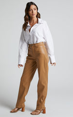 Dilyenne Pant - Mid Waist Straight Leg Faux Leather Pant in Beige