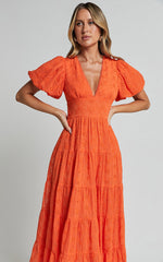 Divora Midi Dress - Plunge Balloon Sleeve Tiered Dress in Orange