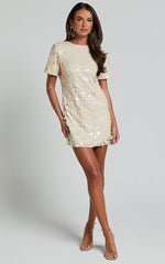 Drea Mini Dress - Short Sleeve Low Back Sequin Dress in Cream
