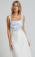 Dresden Top - Square Neck Ruched Bodice Corset Top in White and Blue Floral