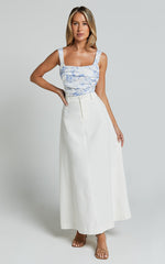 Dresden Top - Square Neck Ruched Bodice Corset Top in White and Blue Floral