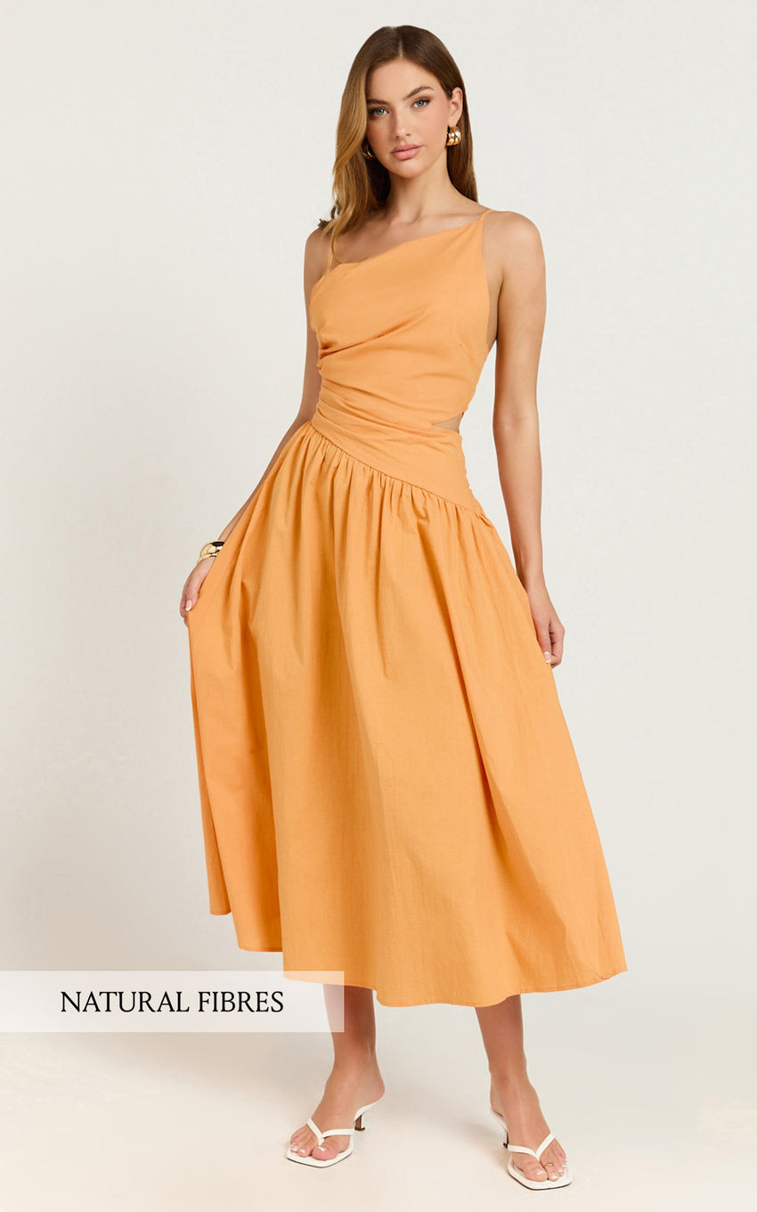 Ebony Midi Dress - Asymmetrical Cut Out Dress in Orange