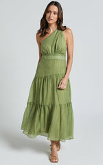 Edeline Midi Dress - One Shoulder Twist Tiered Dress in Olive