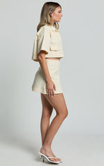 Edina Two Piece Set - Button Front Crop Top and A Line Mini Skirt in Off White