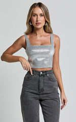 Elena Top - Metallic Jacquard Square Neck Top in Silver