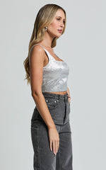 Elena Top - Metallic Jacquard Square Neck Top in Silver