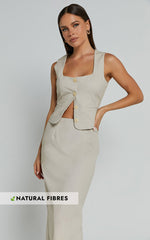 Elias Two Piece Set - Linen Square Neck Vest Top And Column Midi Skirt in Natural