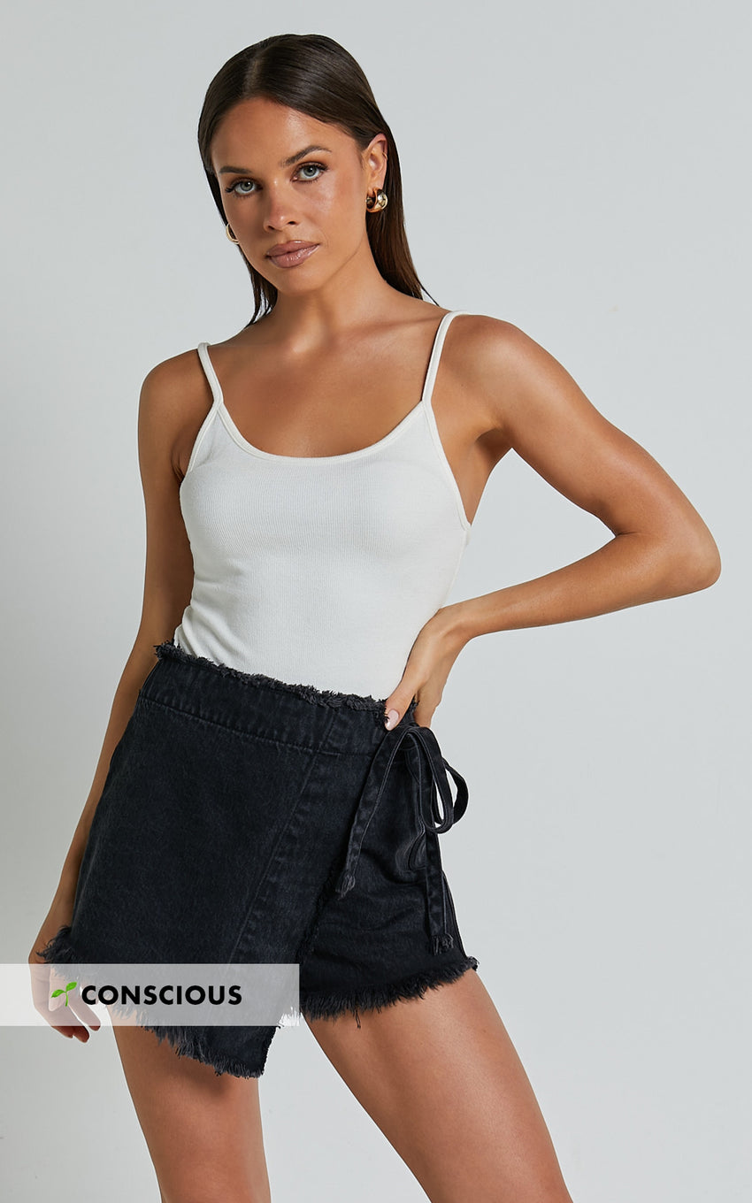 Ellyza Skort - Recycled Cotton Frayed Edge Wrap Denim Skort in Washed Black