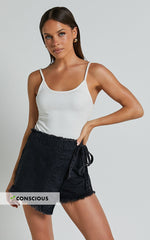Ellyza Skort - Recycled Cotton Frayed Edge Wrap Denim Skort in Washed Black