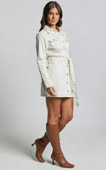 Enriquetta Mini Dress - Cotton Denim Long Sleeve Button Up Dress in Ecru