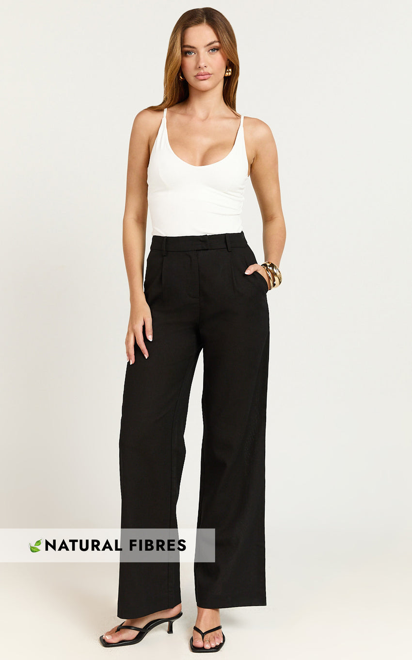 Esme Linen Blend Pants - Mid Waist Straight Leg Pants in Black